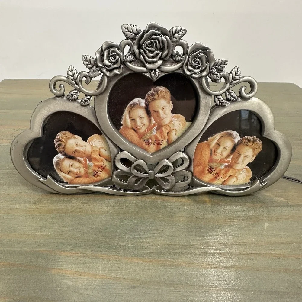 Vintage Ornate Silver Metal 3 Hearts Roses Picture‎ Frame For 3 Photos Victorian